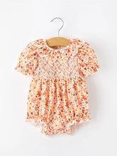 Load image into Gallery viewer, Fall Rust Floral Baby Romper Smocked Petal Collar

