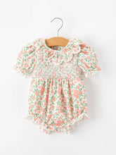 Load image into Gallery viewer, Blush Floral Baby Romper Smocked Petal Collar
