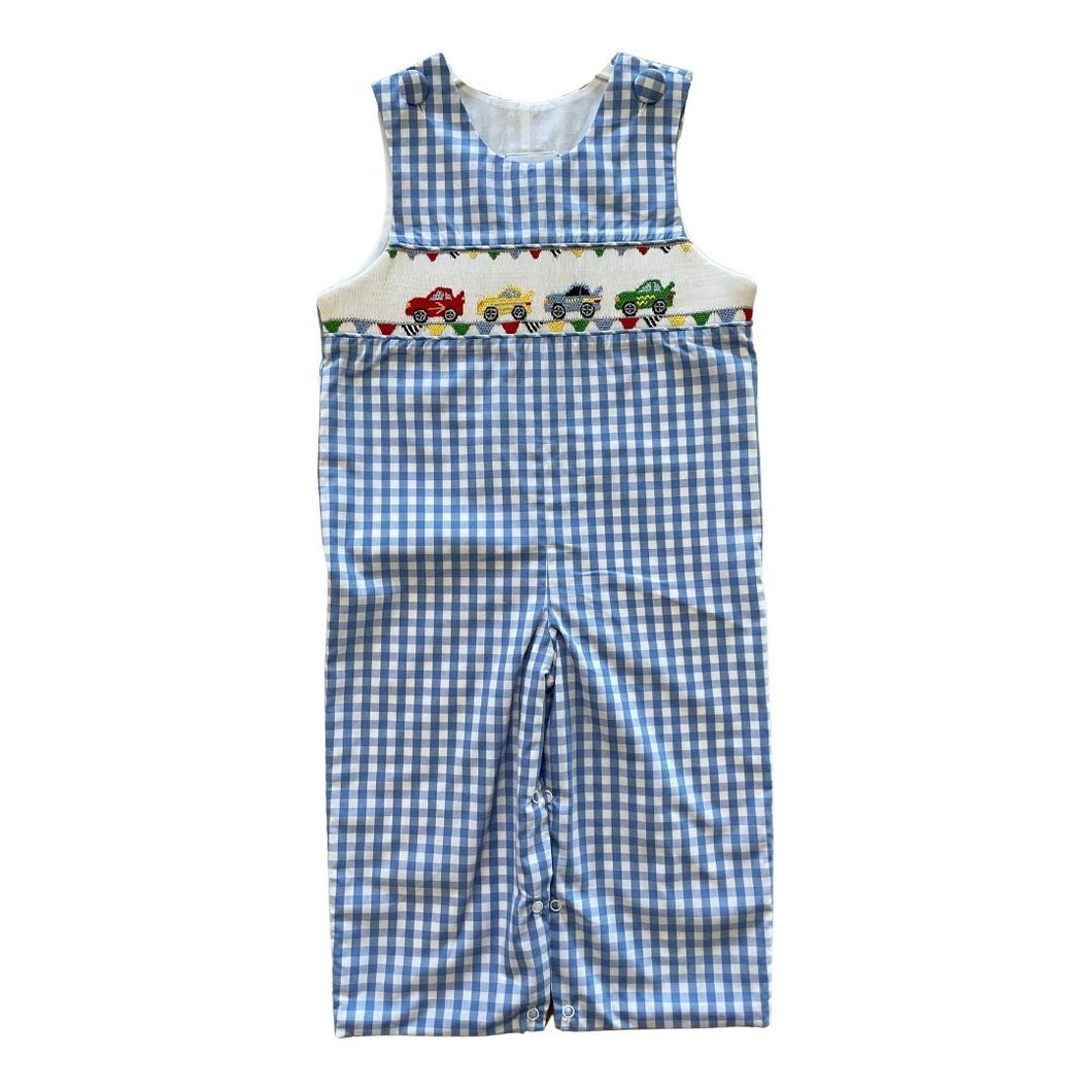 Boys Winter Blue Check Smocked Race Car Jon Jon