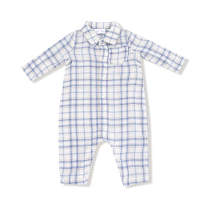 Blue Plaid - L/S Polo Romper w/ Full Placket