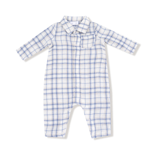 Blue Plaid - L/S Polo Romper w/ Full Placket