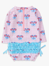 Load image into Gallery viewer, Baby Girls Pink Patriotic Gingham Long Sleeve One Piece Rash Guard Swimsuit

