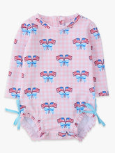 Load image into Gallery viewer, Baby Girls Pink Patriotic Gingham Long Sleeve One Piece Rash Guard Swimsuit
