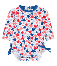 Load image into Gallery viewer, Shimmer Star-Spangled Long Sleeve One Piece Rash Guard
