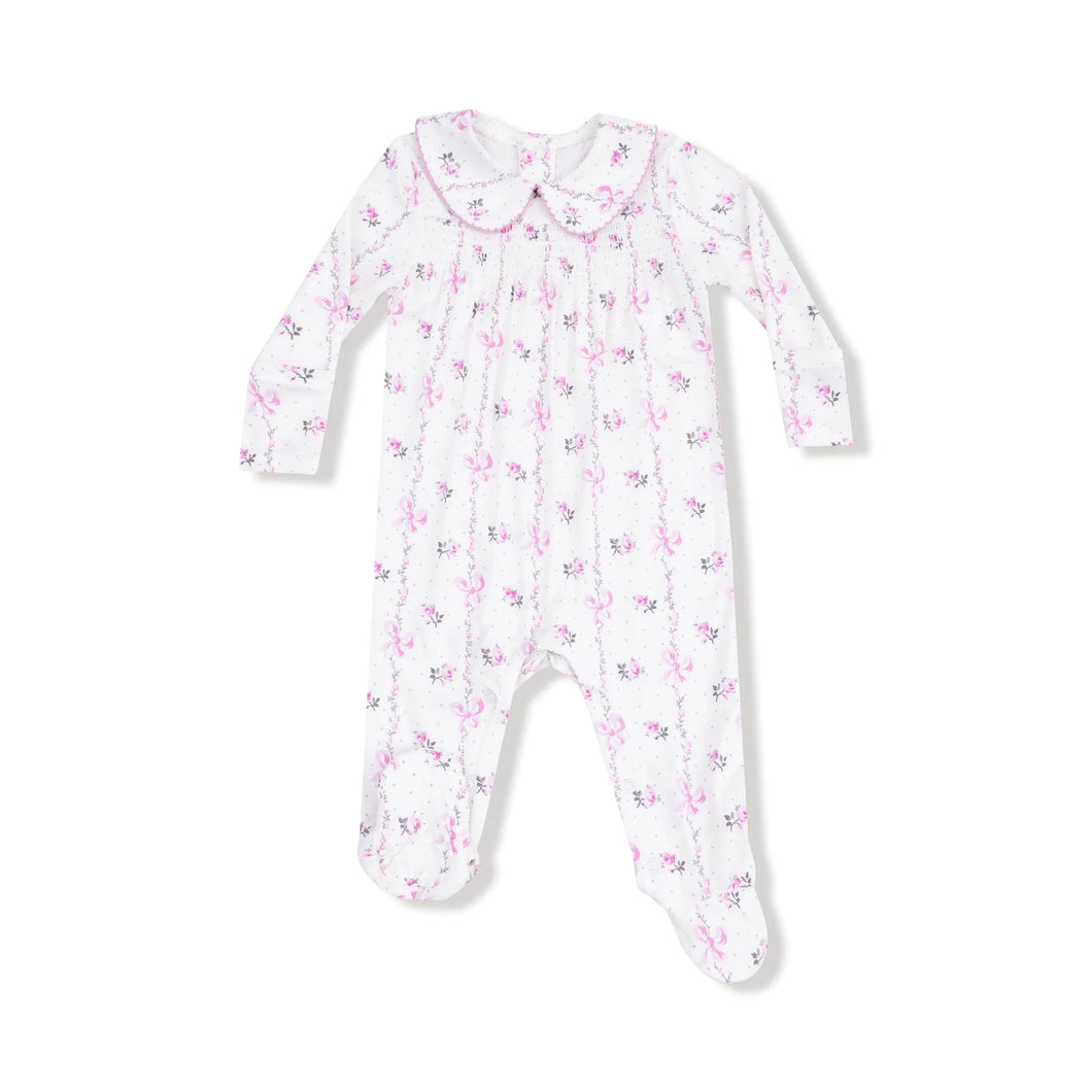 Dainty Buds And Bows Stripe - Smocked L/S Romper W/ Peter Pan Collar