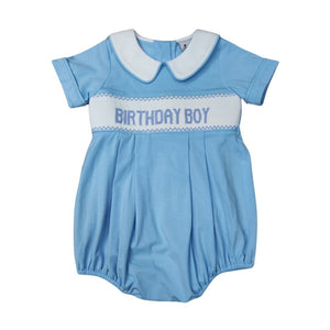 Boys Blue Knit Birthday Smocked Bubble