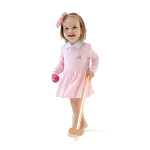 Baby Golf Carts - Pink - L/S Polo Bodysuit Dress w/ Golf Cart Embroidery