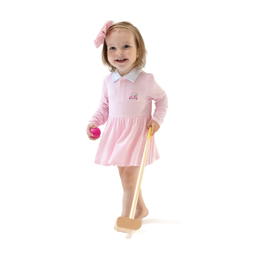 Baby Golf Carts - Pink - L/S Polo Bodysuit Dress w/ Golf Cart Embroidery