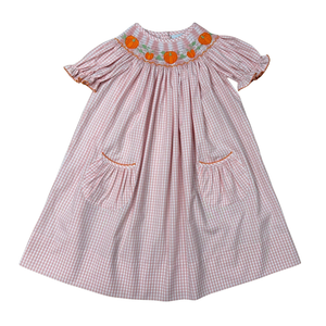 Girl SS Orange Check Smocked Pumpkin Bishop Dress