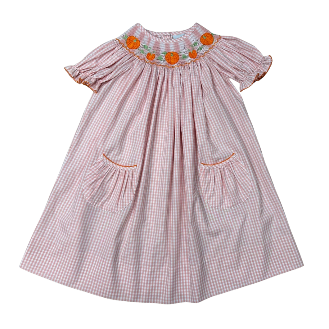 Girl SS Orange Check Smocked Pumpkin Bishop Dress