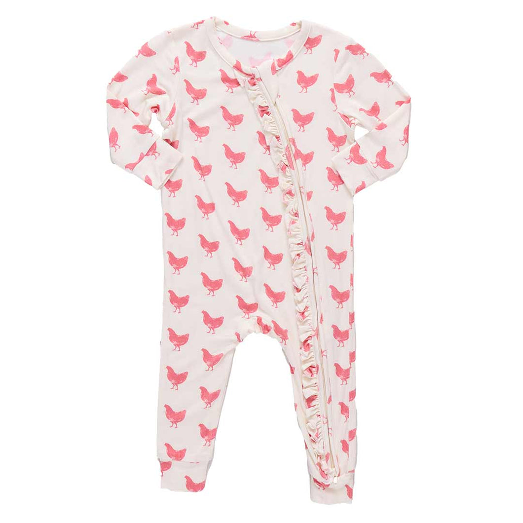 Baby Girls Ruffle Bamboo Romper - Pink Chickens