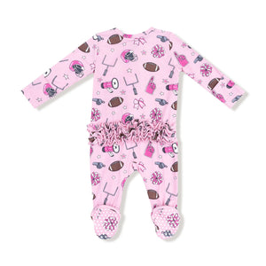 Game day - Pink - 2 Way Zipper Ruffle Back Footie