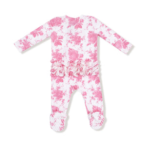 Vintage Pink Roses - 2 Way Zipper Ruffle Back Footie