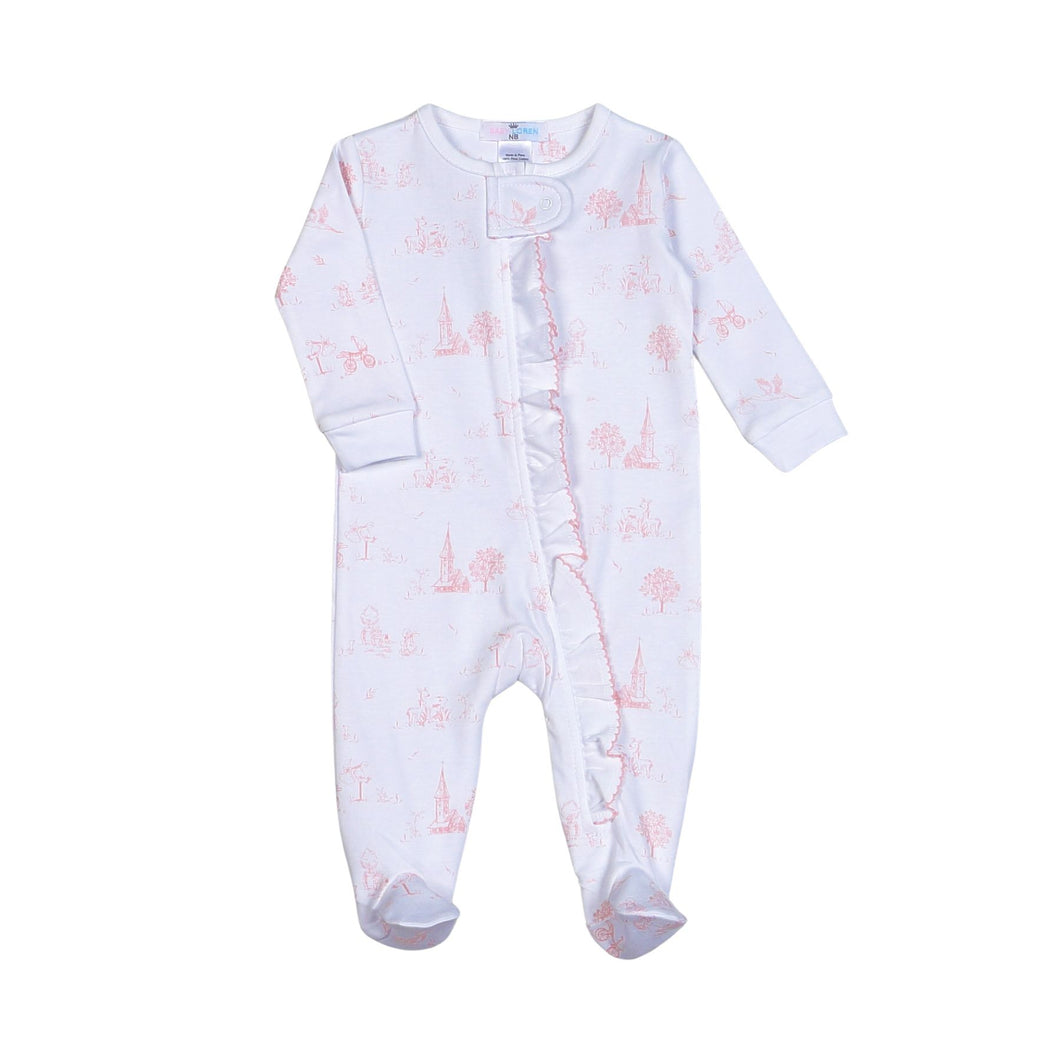 Pink Baby Toile Pima Zipper Footie