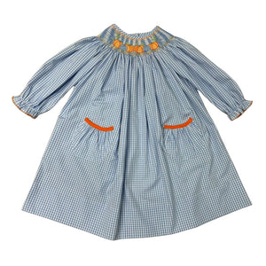 Blue Gingham Long Sleeve Smocked Orange/Blue Pumpkin Bishop Dress
