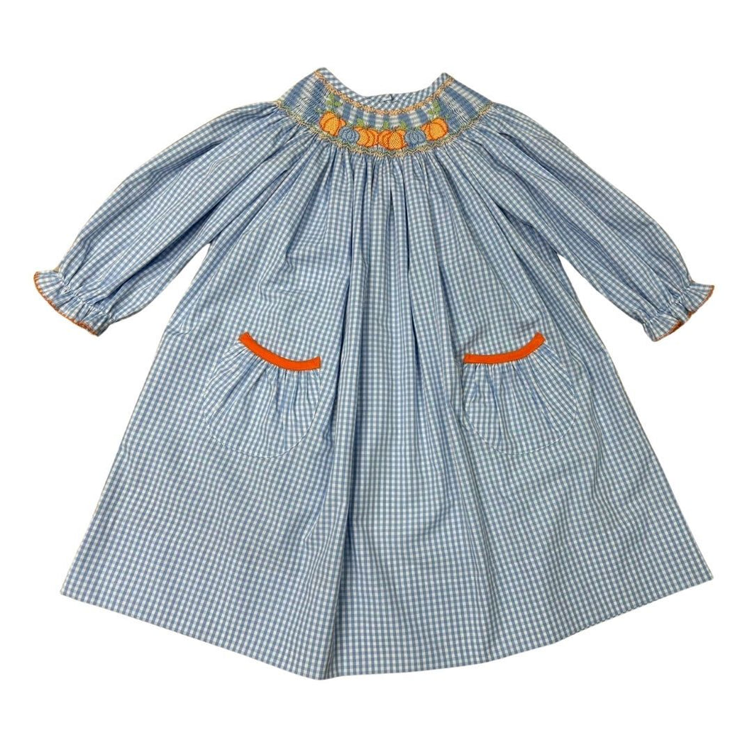 Blue Gingham Long Sleeve Smocked Orange/Blue Pumpkin Bishop Dress